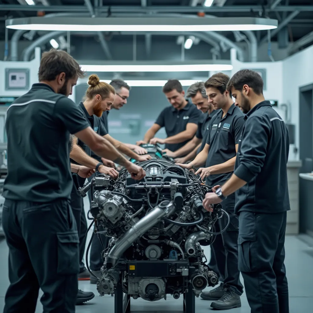 Equipo de mecánicos trabajando en un auto moderno